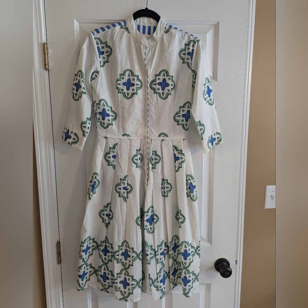 NWT Daydress Isla Dress, White Cotton with Blue and Green Pattern, Size Small